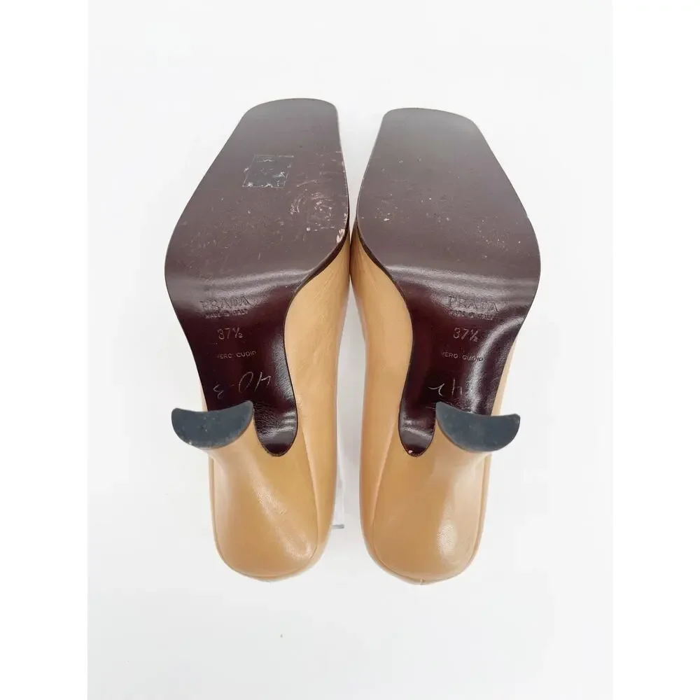 Prada Vintage Tan Brown Leather Square Toe Rosette High Heel Pumps IT 37.5